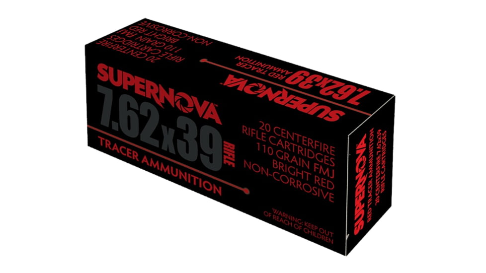 Supernova Piney Mountain Ammunition Red Tracer 7.62mm 124 Grain FMJ Rifle Ammo, 20 Rounds, PMSN762R