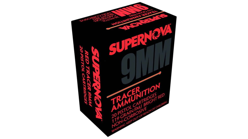 Supernova Red Tracer Non Corrosive 9mm Luger 119 Grain Full Metal Jacket Centerfire Pistol Ammo, 20 Rounds, PMSN9MMR