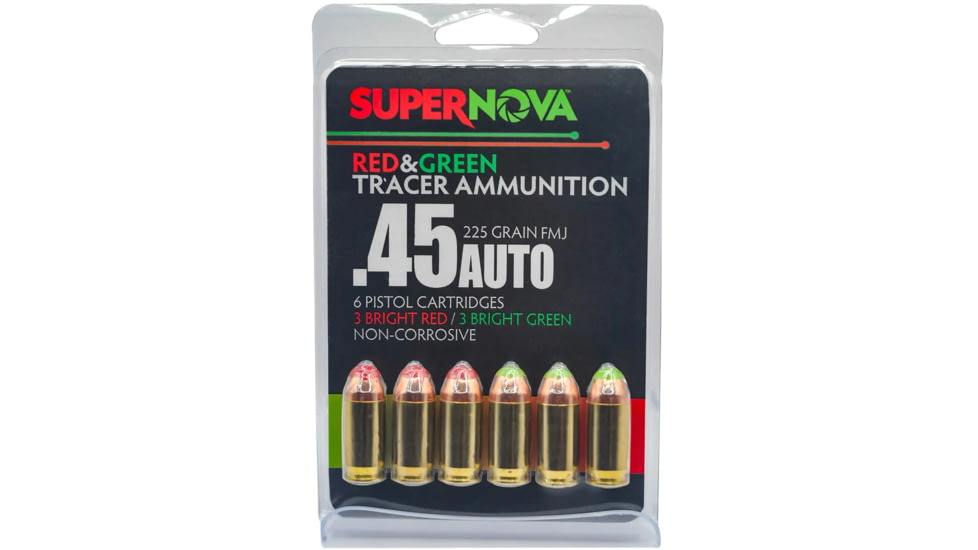Supernova .45 Auto 225 Grain Full Metal Jacket Green and Red Tracer Brass Cased Pistol Ammunition, 20 Rounds, PMSN45AC-MP