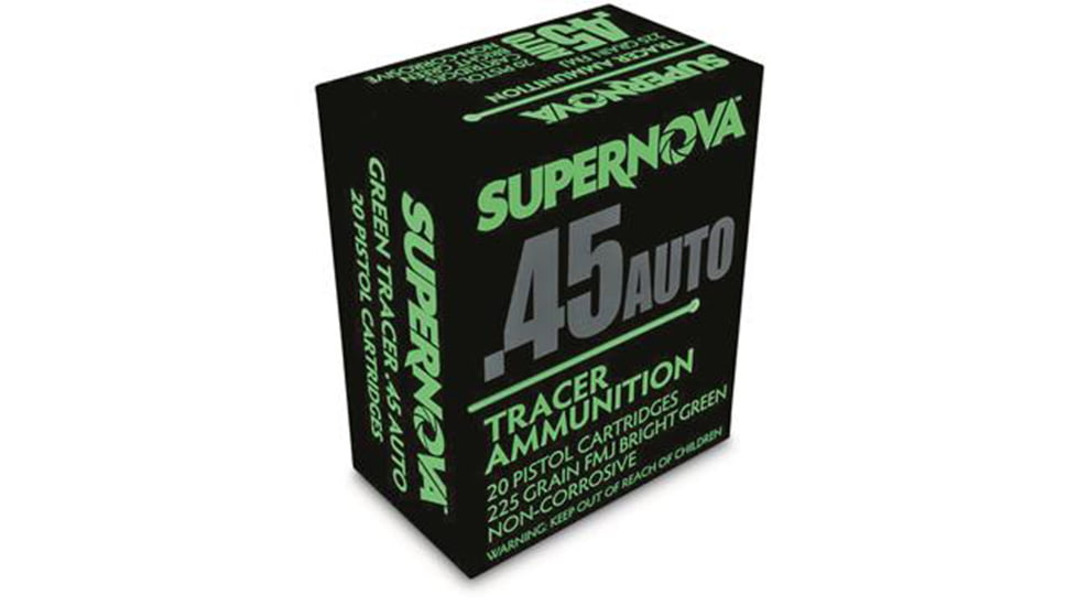 Supernova .45 Auto 225 Grain Full Metal Jacket Green Tracer Brass Cased Pistol Ammunition, 20 Rounds, PMSN45AC-G