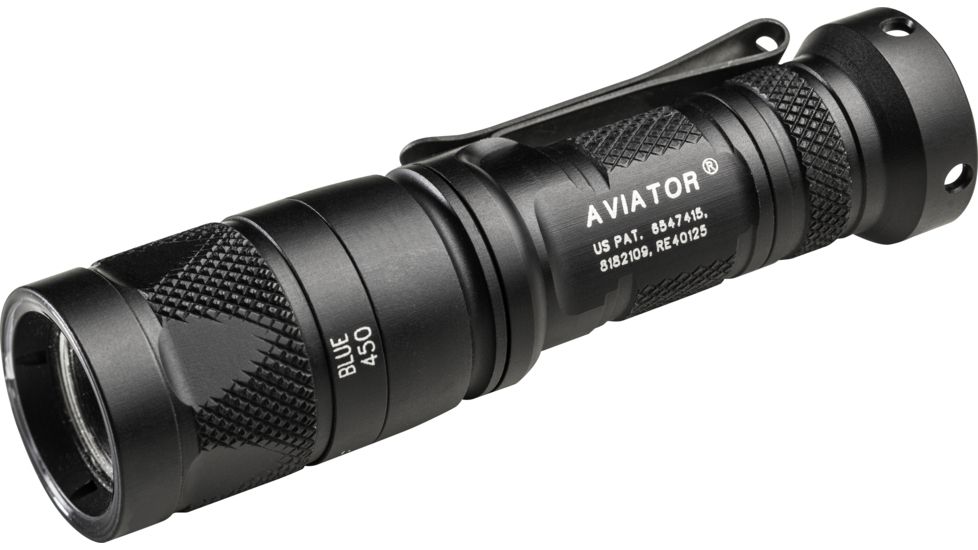 SureFire Aviator, 3 Volt, Dual Output 5/250 Lu White Light, 0.4/4 Lumens, 450Mw Blue Light, Alum Black Type III Ano, Z68 Clickie Switch, Black AVIATOR-BL