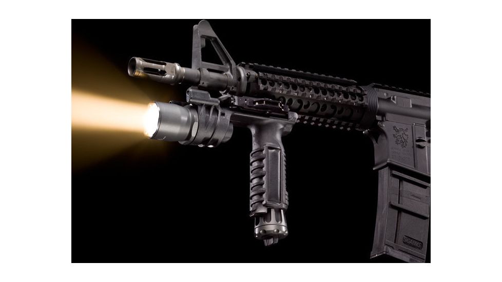 SureFire M900A Picatinny Rail Vertical Foregrip Weapon Light - A.R.M.S. Throw-Lever Mount - shown mounted and lit