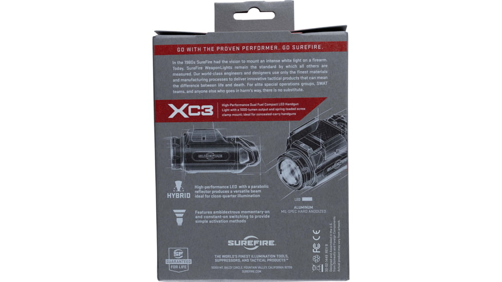 SureFire XC3-B Single Cell, LED, Dual Fuel, Compact Pistol Light, 1X RCR123, 1000 Lumen, 7200 Candela, Black, XC3-B
