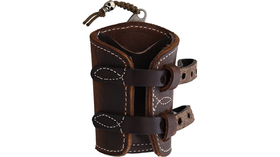 Survival Cuffs Raptor Eagle Survival Cuff Knife, 3.75in Overall, 1.75in Tumbled AEB-H Stainless Blade, Stainless Steel Handle, Dark Brown Leather Sheath w/ White Stitching, RAPT-EBRW-WHT