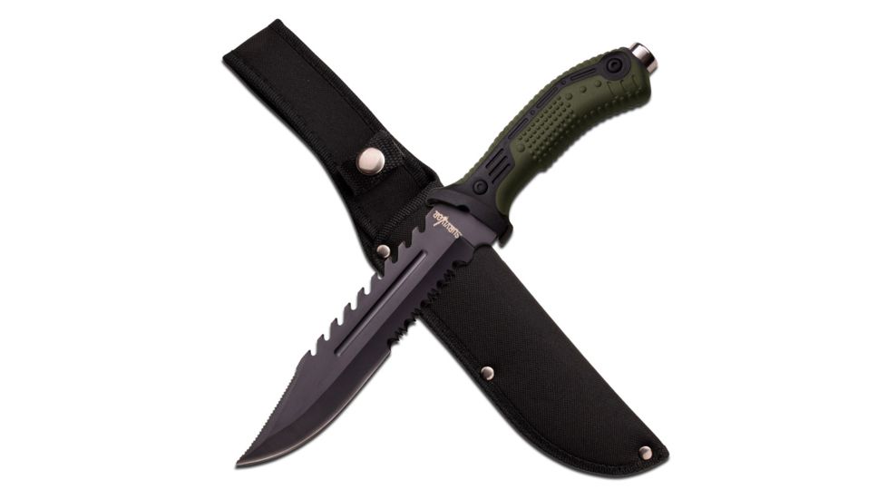 Survivor Fixed Blade, 12.75in, Stainless Steel Blade, Black And Dark Green Injection Rubber And Nylon Fiber Handle HK-793GN