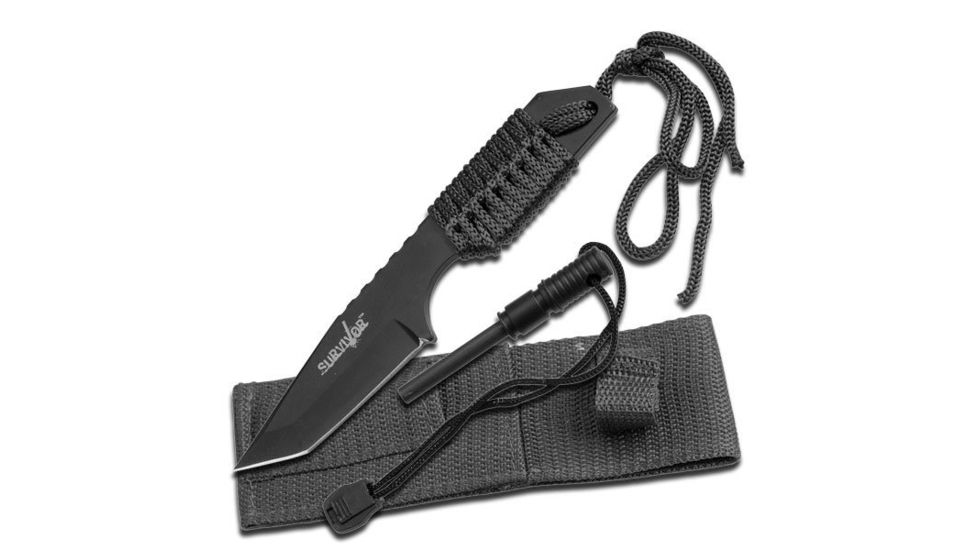 Survivor Fixed Blade, 7in, Stainless Steel Blade, Full Tang Black Cord Wrapped Handle HK-106320B