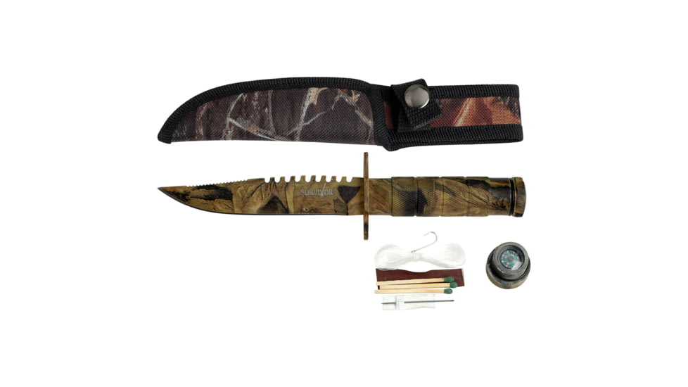 Survivor Fixed Blade Knives w/Compass and Survival Kit, 4.25 in, 3Cr13 Stainless Steel Stainless Steel, Bowie, Camo, HK-690CA