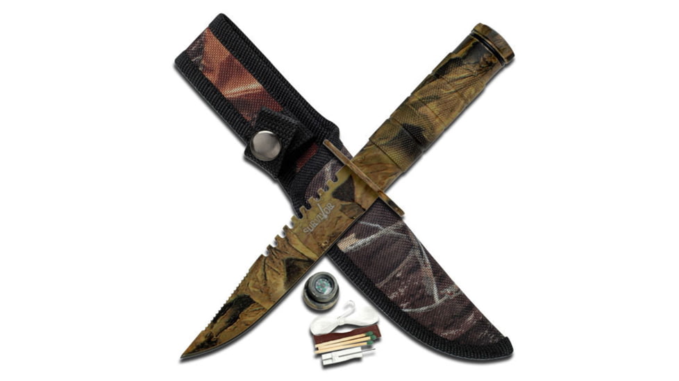 Survivor Fixed Blade Knives w/Compass and Survival Kit, 4.25 in, 3Cr13 Stainless Steel Stainless Steel, Bowie, Camo, HK-690CA