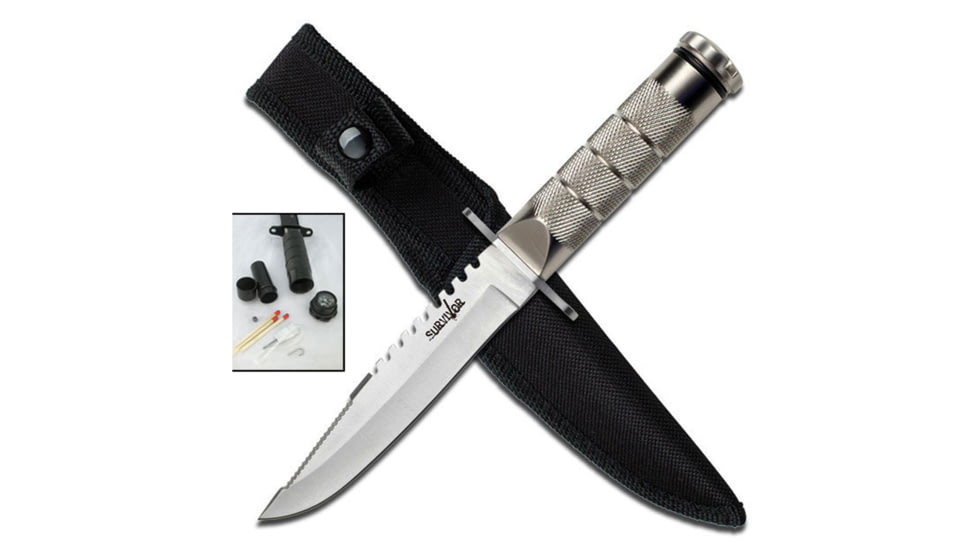 Survivor Fixed Blade Knives w/Compass and Survival Kit, 4.75 in, 3Cr13 Stainless Steel Stainless Steel, Bowie, Silver, HK-690S