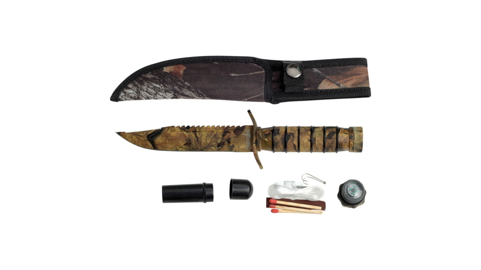 Survivor Fixed Blade Knives w/Compass and Survival Kit, 5 in, 3Cr13 Stainless Steel Stainless Steel, Bowie, Camo, HK-695CA