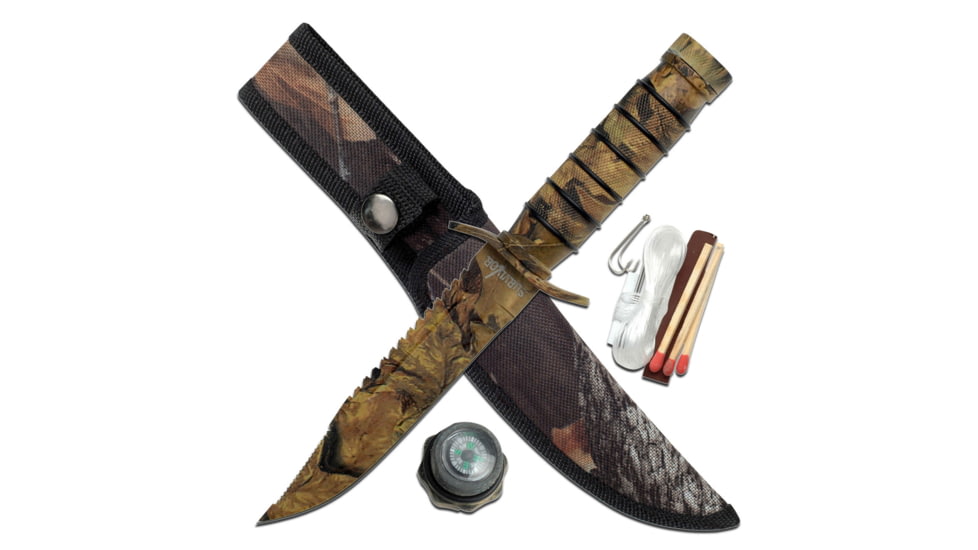 Survivor Fixed Blade Knives w/Compass and Survival Kit, 5 in, 3Cr13 Stainless Steel Stainless Steel, Bowie, Camo, HK-695CA