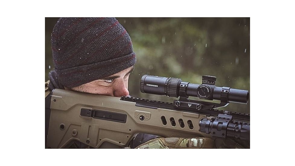 Swampfox Tomahawk LVPO Rifle Scope, 1-4x24mm, 30mm Tube, Second Focal Plane, Illuminated Guerrilla Cross MOA Reticle, Black, ATK14241-M