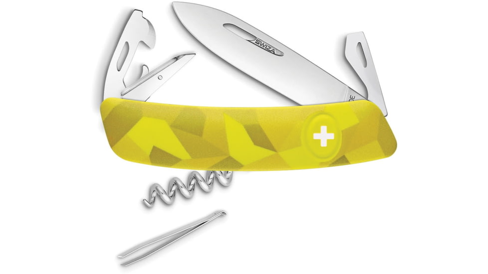 Swiza C03 Button Lock Folding Knife, C03 Button Lock, 3.75in Closed, 2.75in Mirror 440 SS Blade, Yellow Rubberized Handle, Thumb Pull, KNI.0030.2080