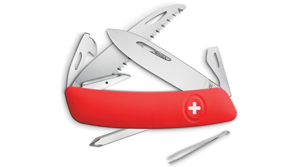 Swiza D06 Swiss Button Lock Folding Knife, D06 Swiss Button Lock, 3.75in Closed, 2.75in Mirror 440 SS Blade, Red Rubberized Handle, Thumb Pull, KNI.0060.1000