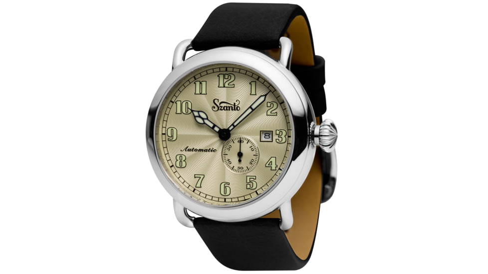 Szanto Automatic Officer Watches, Ivory Dial, Black Strap, Steel, One Size, SZ 6305E