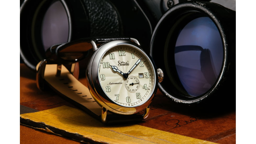 Szanto Automatic Officer Watches, Ivory Dial, Black Strap, Steel, One Size, SZ 6305E