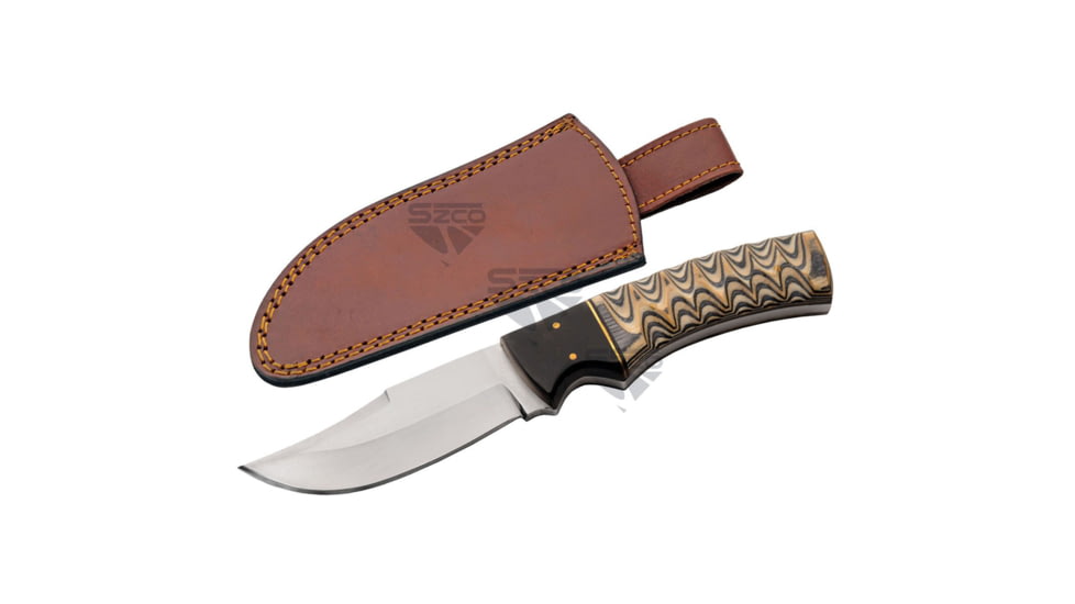 SZCO Ashwood Grooved Hunter Fixed Blade Knife, 4in, Stainless Steel, Clip Point, Colorwood Handle, 203537