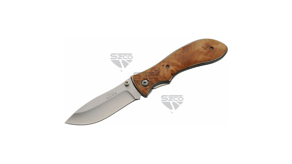 SZCO Burl Folding Knife, Stainless Steel, Drop Point, Brown Wood Handle, 210839