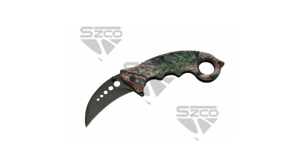 SZCO Camo Karambit Folding Knife, 3in, Stainless Steel, Karambit, Camo Handle, 300409