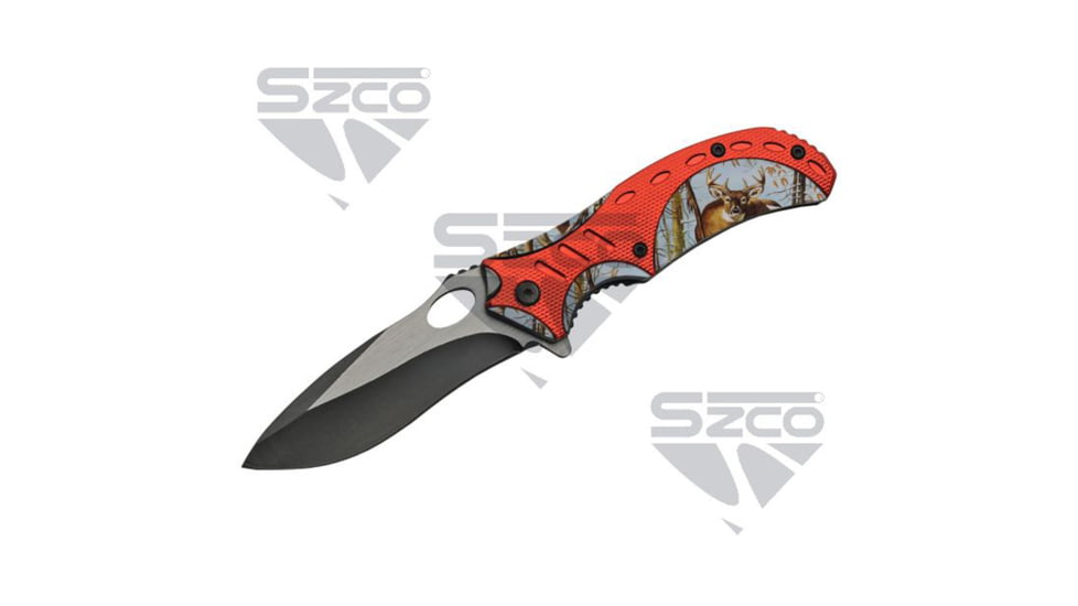 SZCO Deer Folding Knife, 3.5in, Stainless Steel, Drop Point, Red Handle, 300490-DE