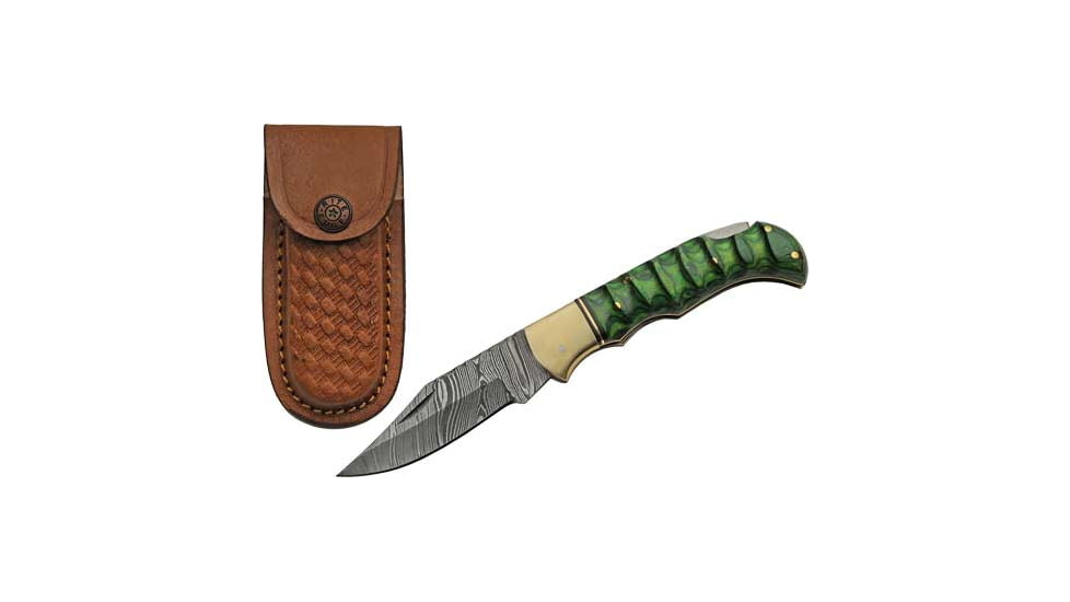 Rite Edge Green Grooved Wood Damascus Folding Knife, 3in Damascus Blade, Green Grooved Wood Handle, DM1303GN