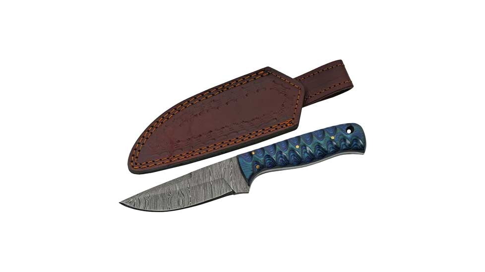 Rite Edge Twisted Wood Hunter Damascus Knife, 4in Damascus Blade, Blue Twisted Wood Handle, DM1290