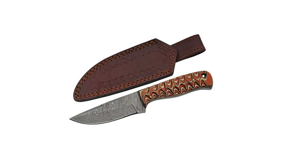 Rite Edge Twisted Wood Hunter Damascus Knife, 4in Damascus Blade, Red Twisted Wood Handle, DM1292