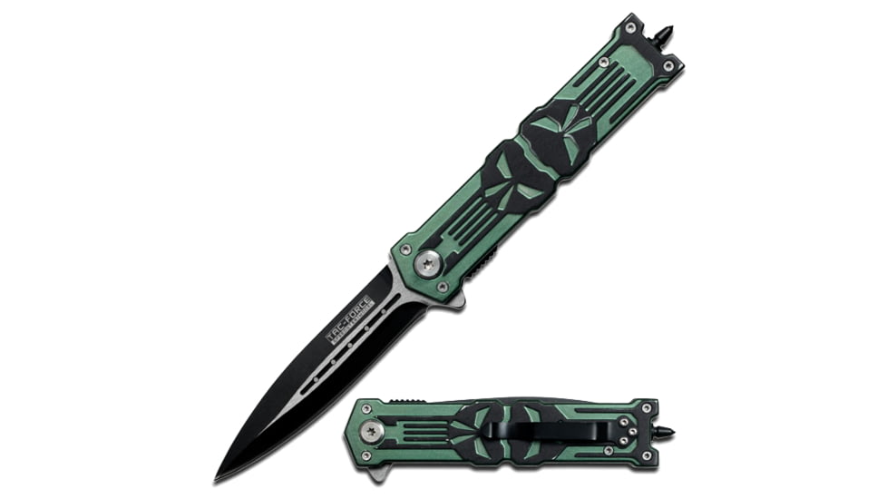 TAC Force 4.75in. Closed; 2 Tone S.S. Blade; Skull Design Knife, Green TF 592GN