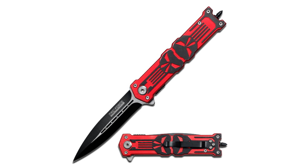 TAC Force 4.75in. Closed; 2 Tone S.S. Blade; Skull Design Knife, Red TF 592RD