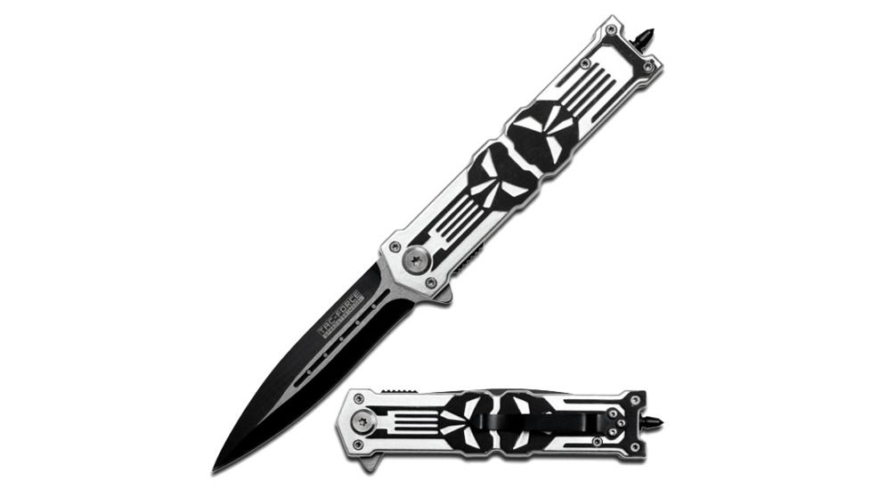 TAC Force 4.75in. Closed; 2 Tone S.S. Blade; Skull Design Knife, Silver TF 592SB