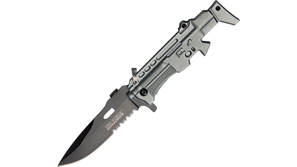 Tac Force A/O Gun Linerlock Fold Knife, black finish SS PS blade, Gray Alum. handle TF767GY