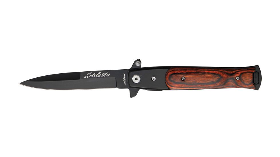 Tac Force A/O Linerlock Fold Knife, black finish SS stiletto blade, Black finish Alum. frame with brown rich grain woo TF428WB