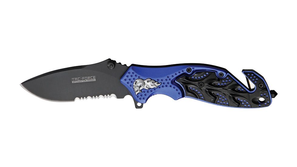 Tac Force A/O Rescue Linerlock Fold Knife 4.5in, black finish SS PS blade, Sculpted Alum. handles black/blue front, black ba TF680BLB