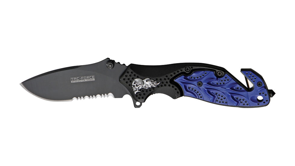 Tac Force A/O Rescue Linerlock Fold Knife 4.5in, black finish SS PS blade, Sculpted Alum. handles black/blue front, black bac TF680BBL