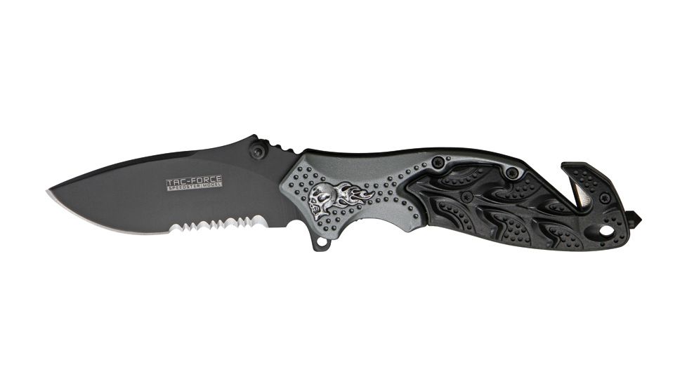 Tac Force A/O Rescue Linerlock Fold Knife 4.5in, black finish SS PS blade, Sculpted Alum. handles black/gray front, black ba TF680GYB