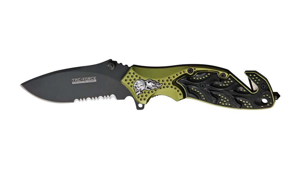 Tac Force A/O Rescue Linerlock Fold Knife 4.5in, black finish SS PS blade, Sculpted Alum. handles black/green front, black b TF680GNB