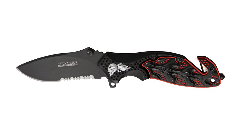 Tac Force A/O Rescue Linerlock Fold Knife 4.5in, black finish SS PS blade, Sculpted Alum. handles black/red front, black ba TF680BKR