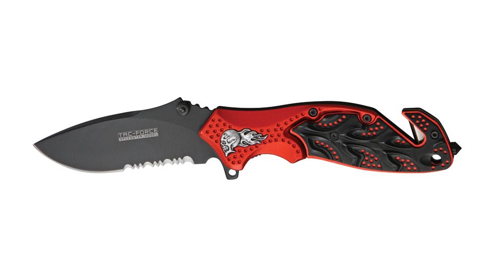 Tac Force A/O Rescue Linerlock Fold Knife 4.5in, black finish SS PS blade, Sculpted Alum. handles black/red front, black ba TF680RDB