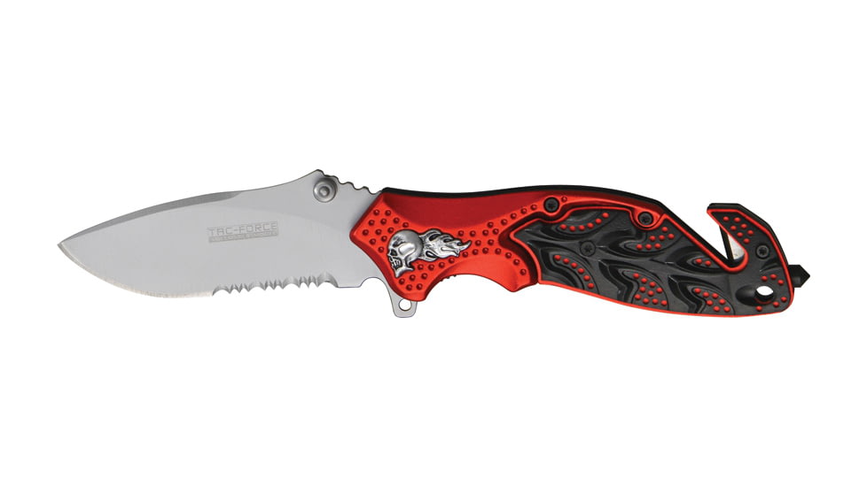 Tac Force A/O Rescue Linerlock Fold Knife 4.5in, matte finish SS PS blade, Sculpted Alum. handles black/red front, black bac TF680SRD