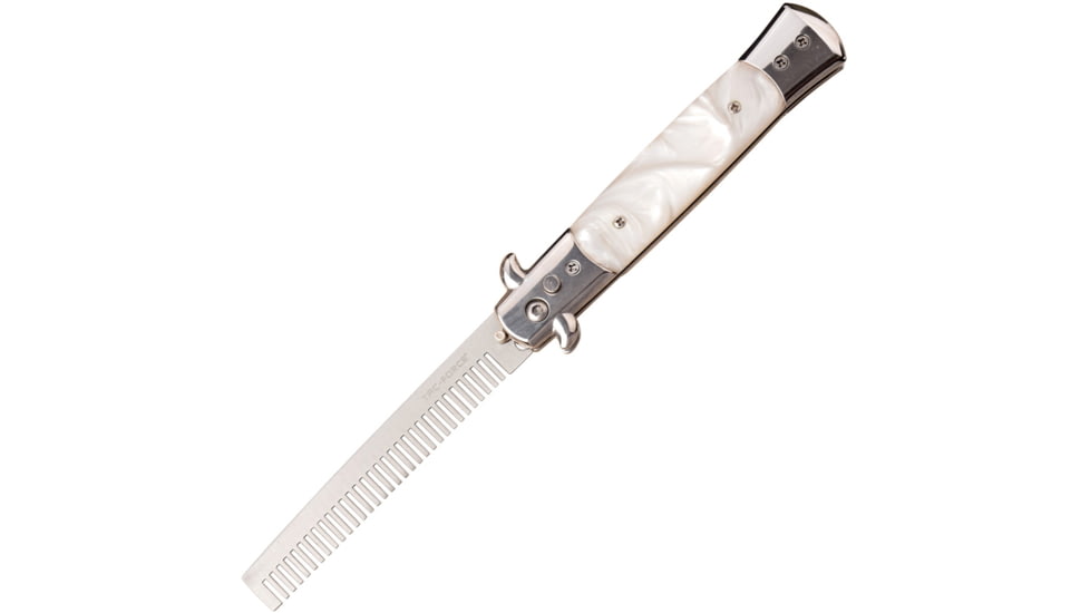 TAC Force Beard Comb Button Lock A/O Folding Knife, 5 closed, White acrylic handle, TF-CB005WH