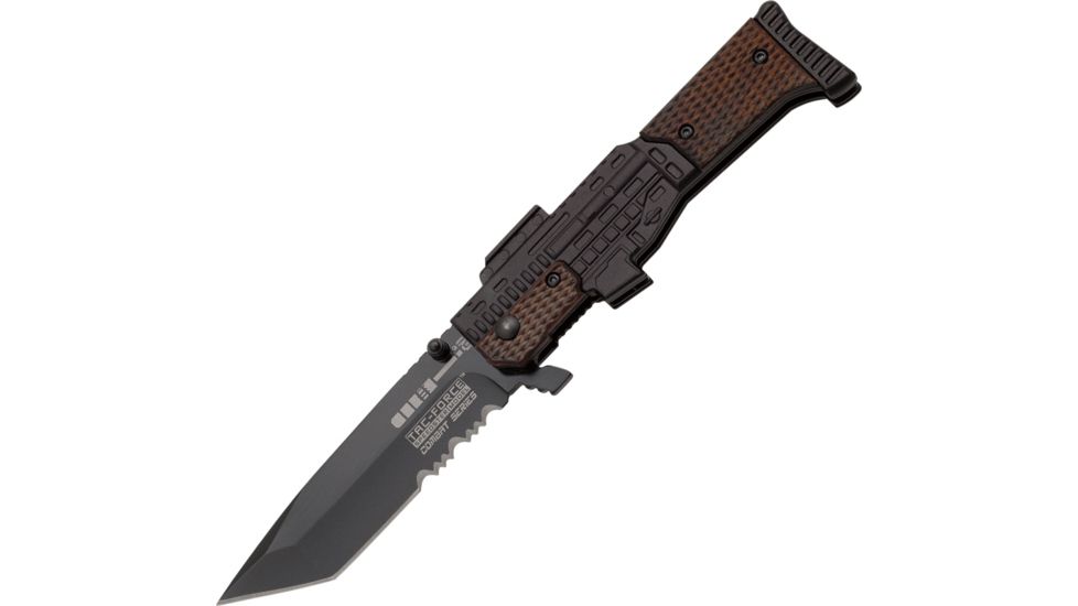 Tac Force Black Gun Lock A/O Fold Knife, SS Black Partially SE, Black Alum. handle TF798BW