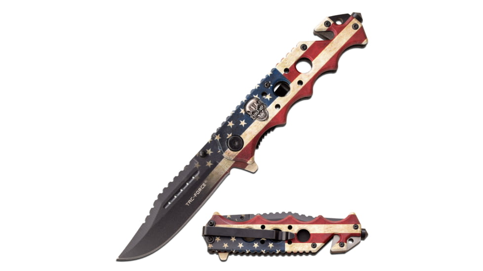 TAC Force Clip Point Spring Assisted Knife w/Cutter and Glass Breaker, 3.5 in, 3Cr13 Stainless Steel Stainless Steel, Satin Flag, TF-809F