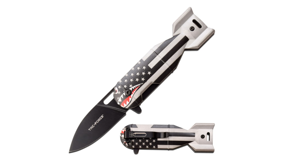 TAC Force Drop Point Spring Assisted Knife, 2.25 in, 3Cr13 Stainless Steel Stainless Steel, Grey/Flag, TF-1039BFG