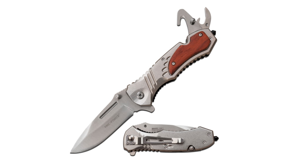 TAC Force Drop Point Spring Assisted Knife w/Can Opener and Cutter, 3.25 in, 3Cr13 Stainless Steel Stainless Steel, Silver/Brown, TF-606SRW