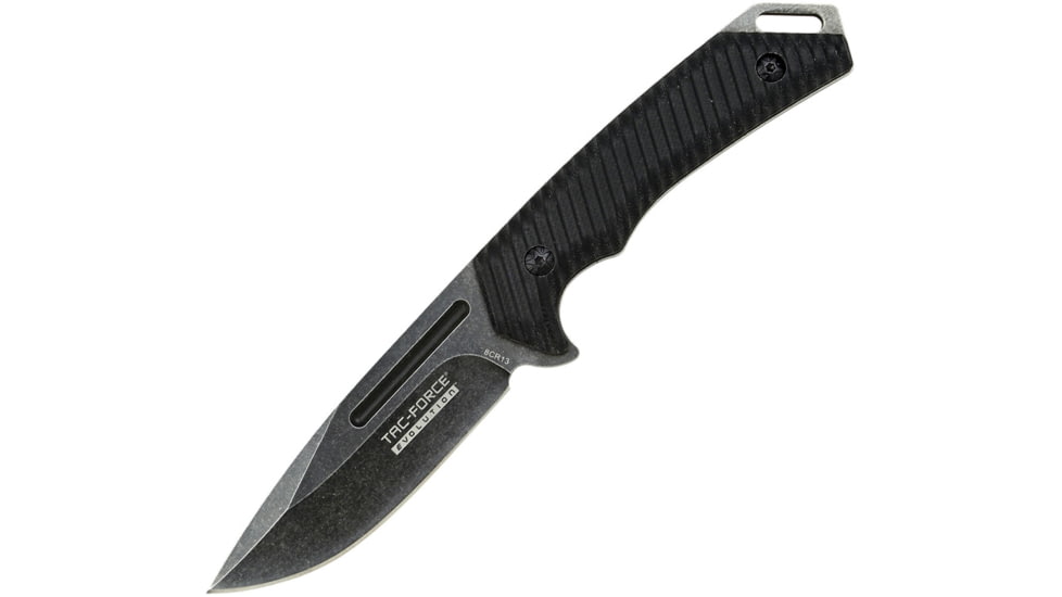 TAC Force Evolution Knife, 9in Overall, 4in Black Stonewash 8Cr13Mov SS Drop Point, Black Grooved G10 Handle, Black Nylon Molle Compatible Sheath, TFE-FIX005-BK