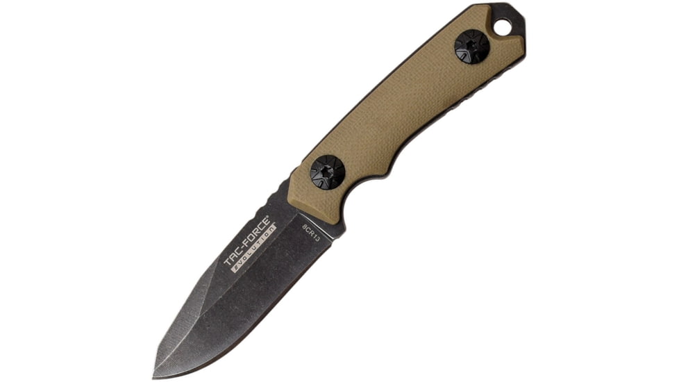 TAC Force Evolution Knife, Evolution Fixed Blade, 4.63in Overall, 2in Black Stonewash 8Cr13Mov SS Drop Point, Tan G10 Handle, Black Kydex Neck Sheath, TFE-FIX009-TN