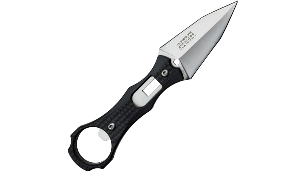 TAC Force Black 2.5in Fixed Blade Knife, 6.5in Overall, 2.5in Satin Double Edge SS Spear Point Blade, Black Nylon Handle, Plastic Sheath, TF-FIX020BK