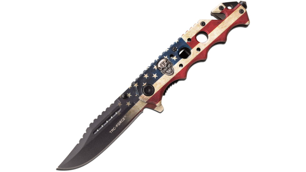 TAC Force Clip Point Spring Assisted Knife w/Cutter and Glass Breaker, 3.5 in, 3Cr13 Stainless Steel Stainless Steel, Satin Flag, TF-809F