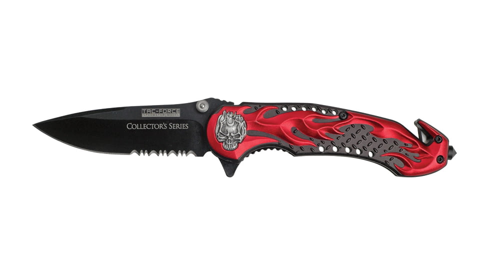 Tac Force Flaming Skull Fold Knife, SS PS blade TF736RD