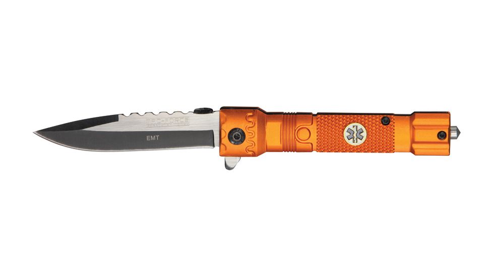 Tac Force Flashlight A/O Fold Knife, two tone black and silver HC steel blade, EMT etch Handle TF703EM